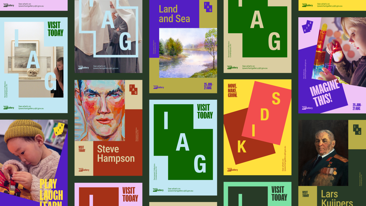 Collection of posters designed for the Ipswich Art Gallery brand.