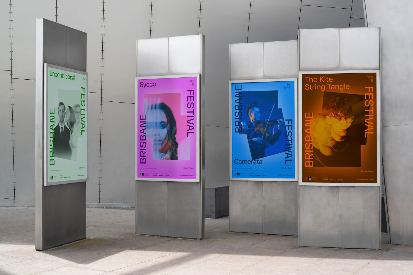 Four poster designs for the Brisbane Festival 2023 brand identity, showing examples of programming.