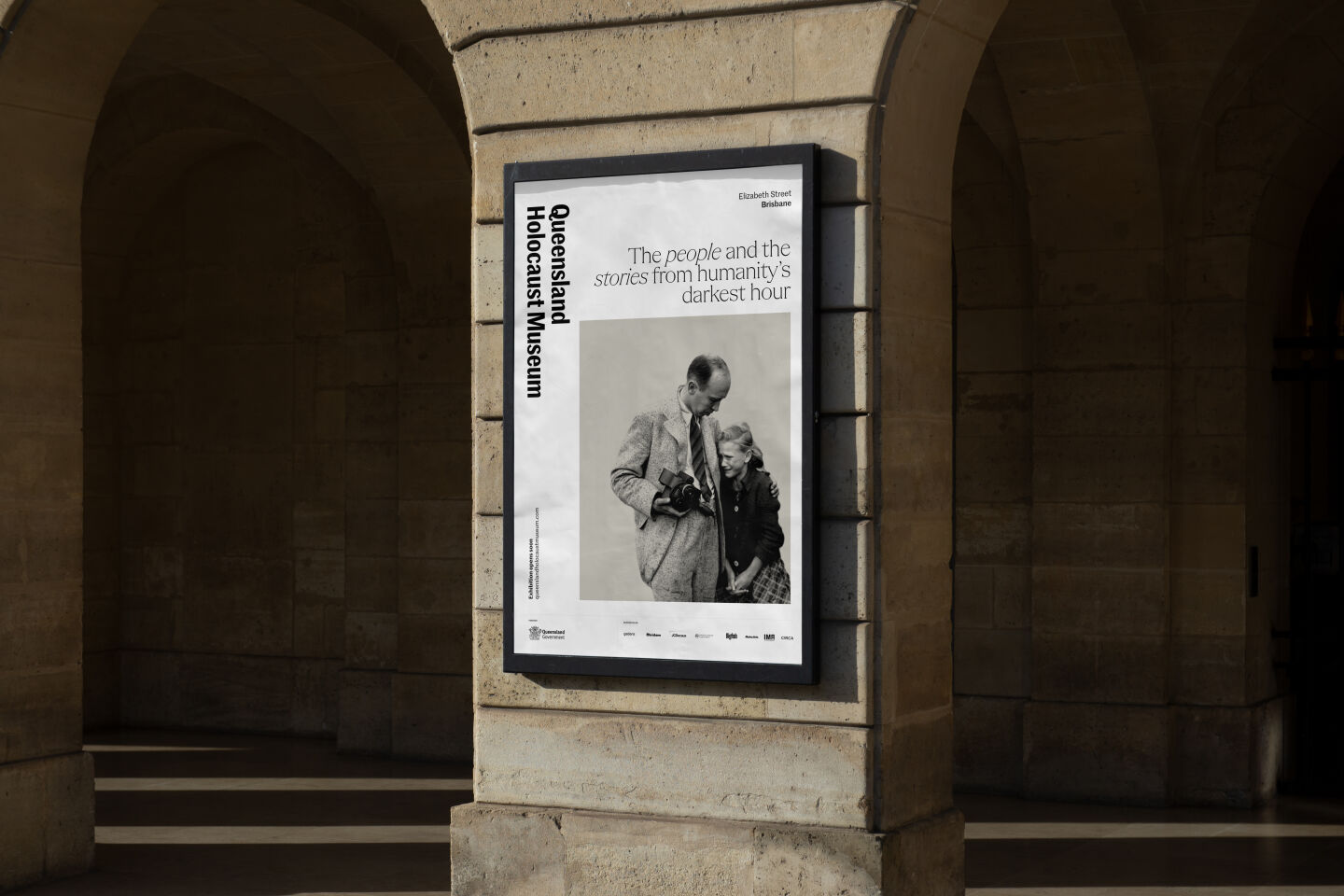 A single poster designed for the Queensland Holocaust Museum, featuring white space, archival photography and interesting grid layouts.