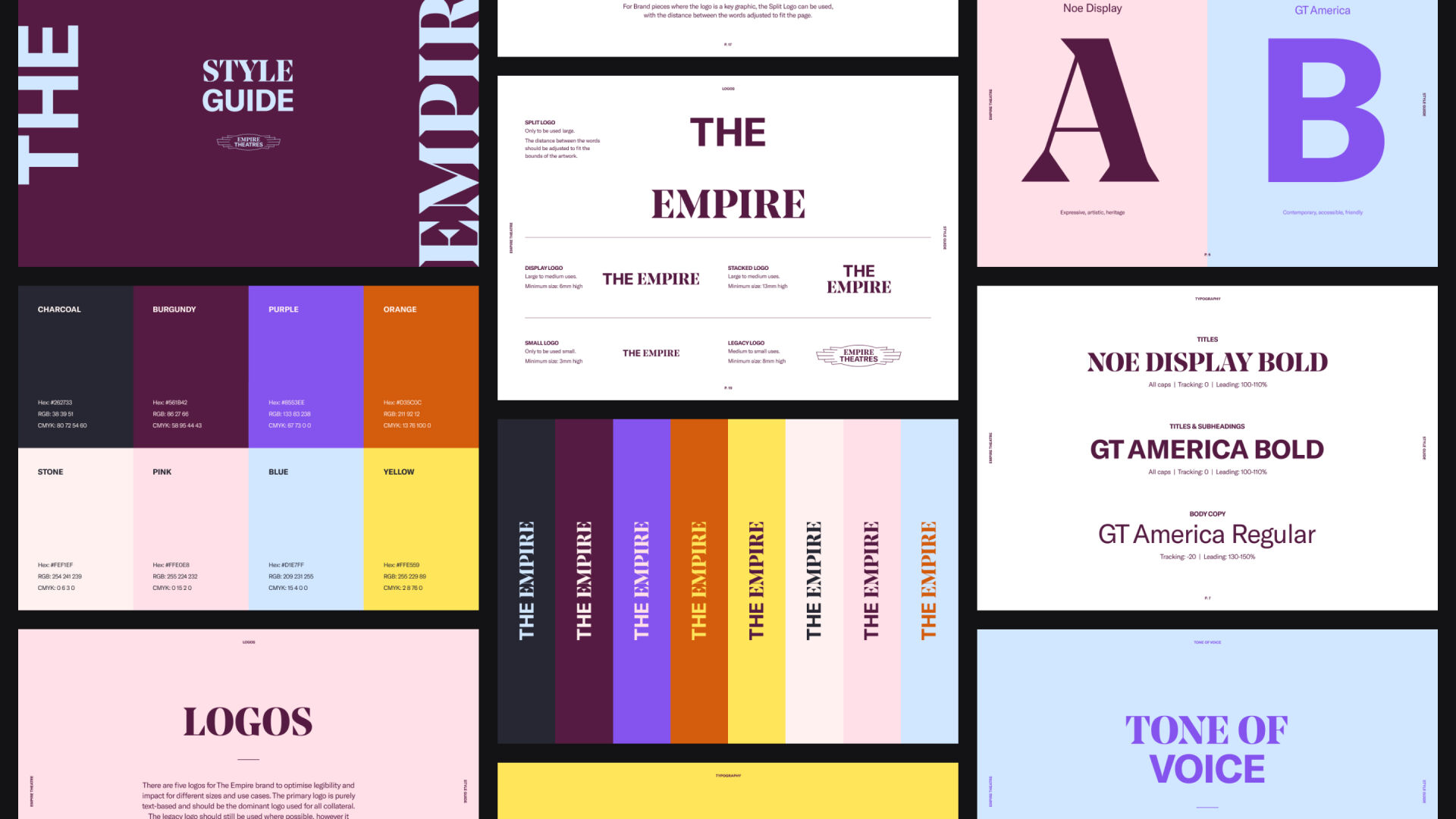 Pages from the styleguide we designed for The Empire Theatre brand identity, showcasing logo rules, colour palette, and typography.