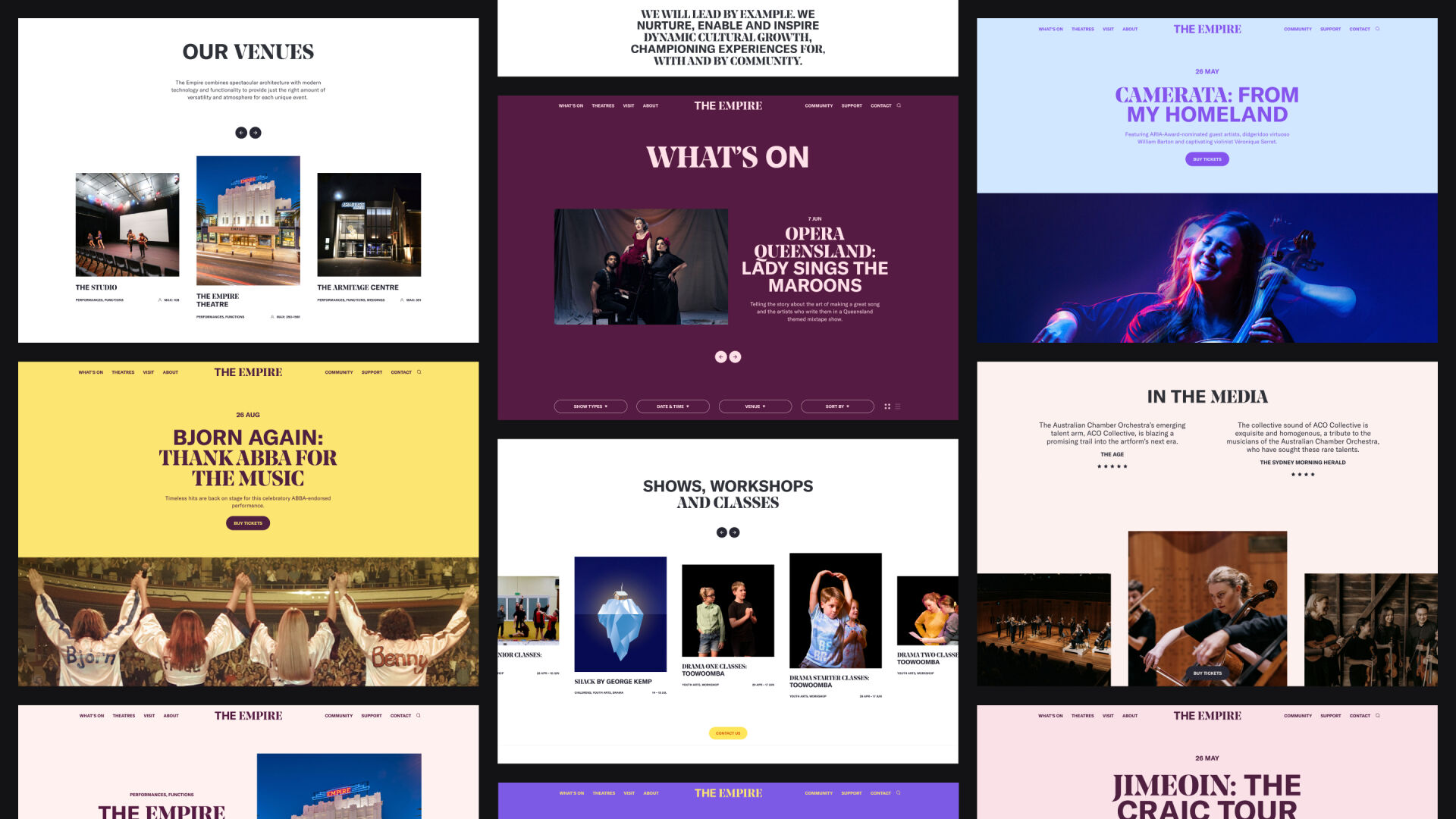 Collection of pages from The Empire Theatre website design, showcasing the colour palette and strong typography.