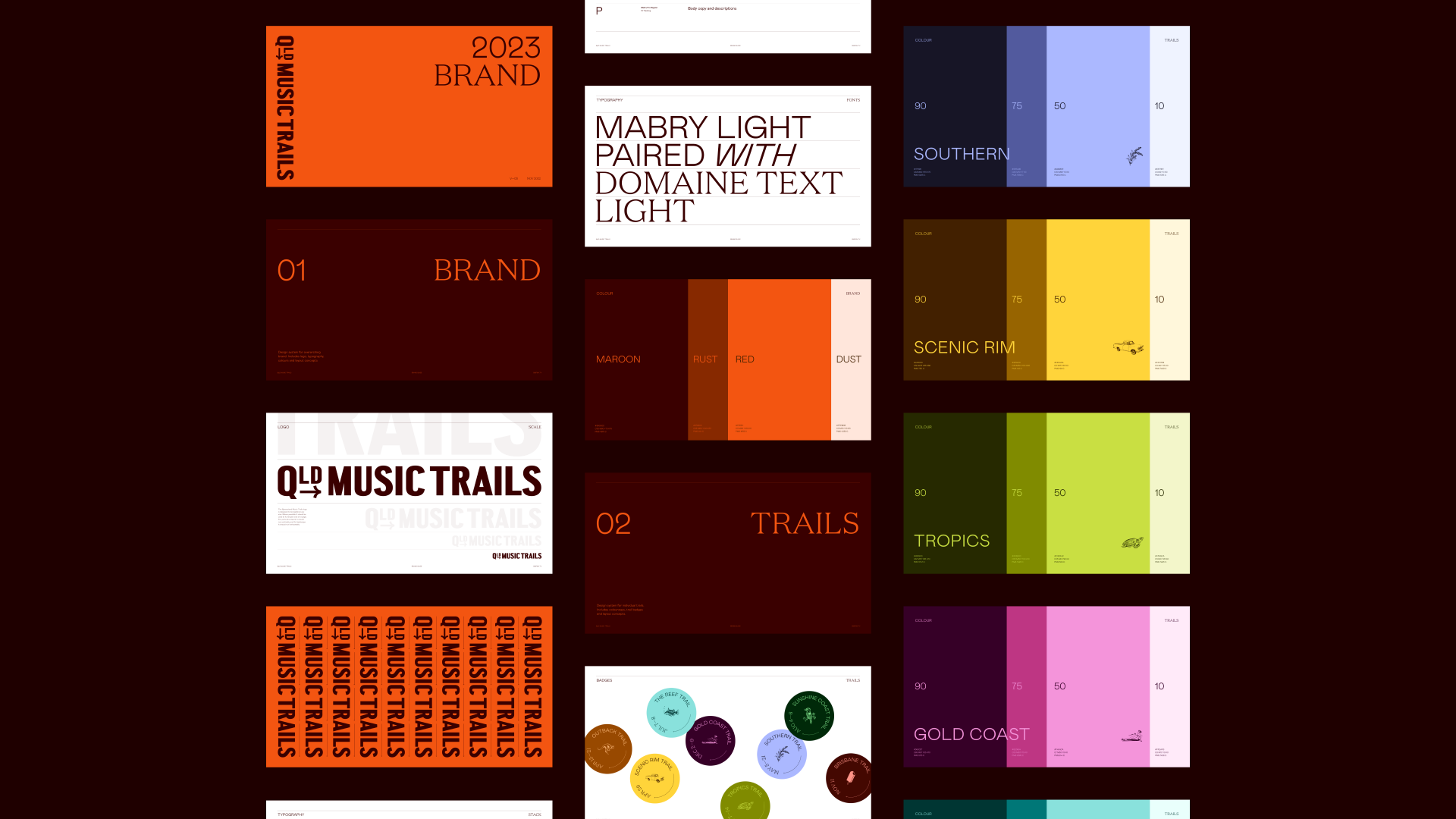 Pages from the Trails brand identity styleguide, showcasing logo rules, typography and colour palette