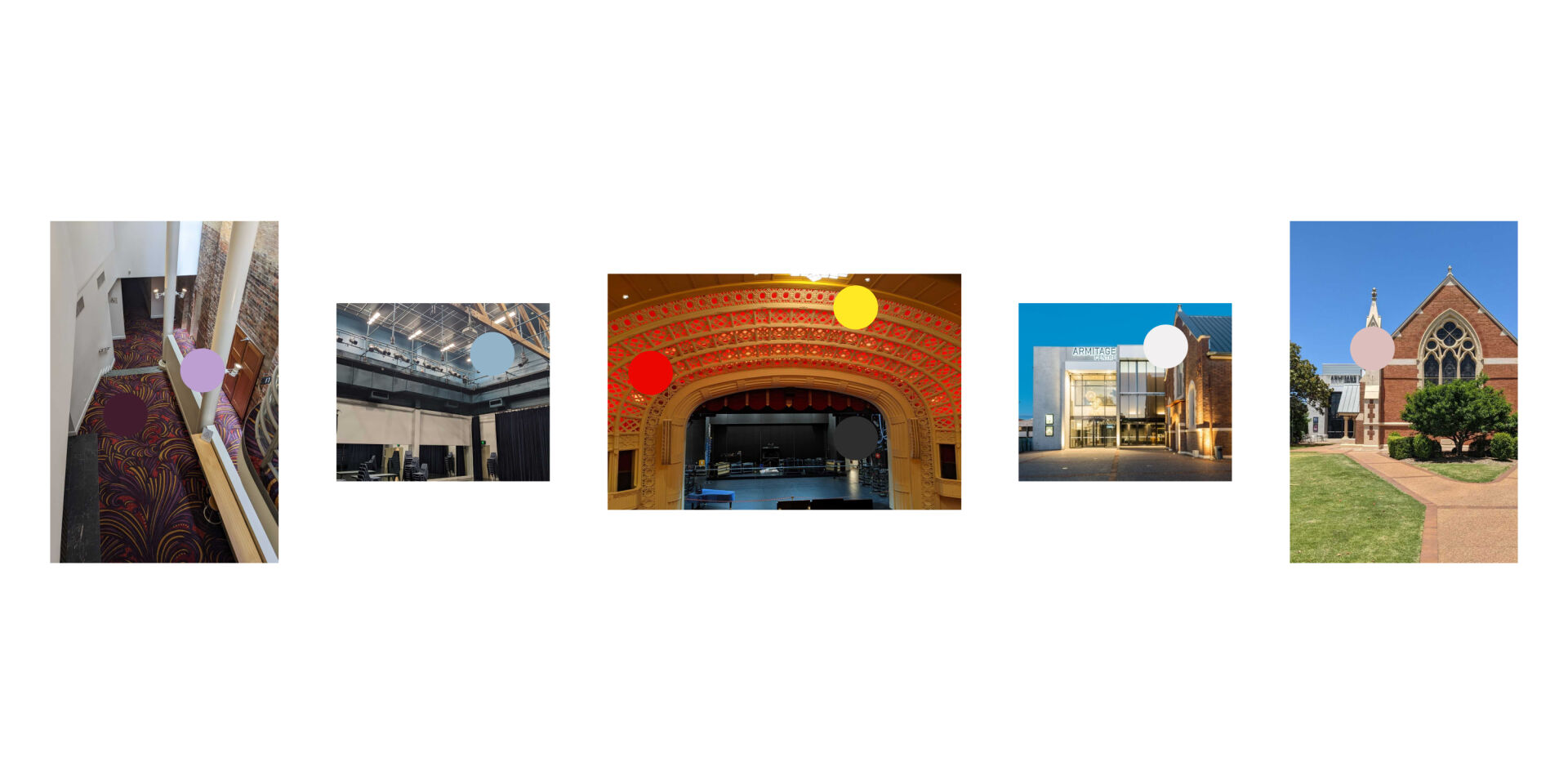 Multiple photos of the Empire Theatre precinct showing how the brand colour palette was picked from the buildings. 