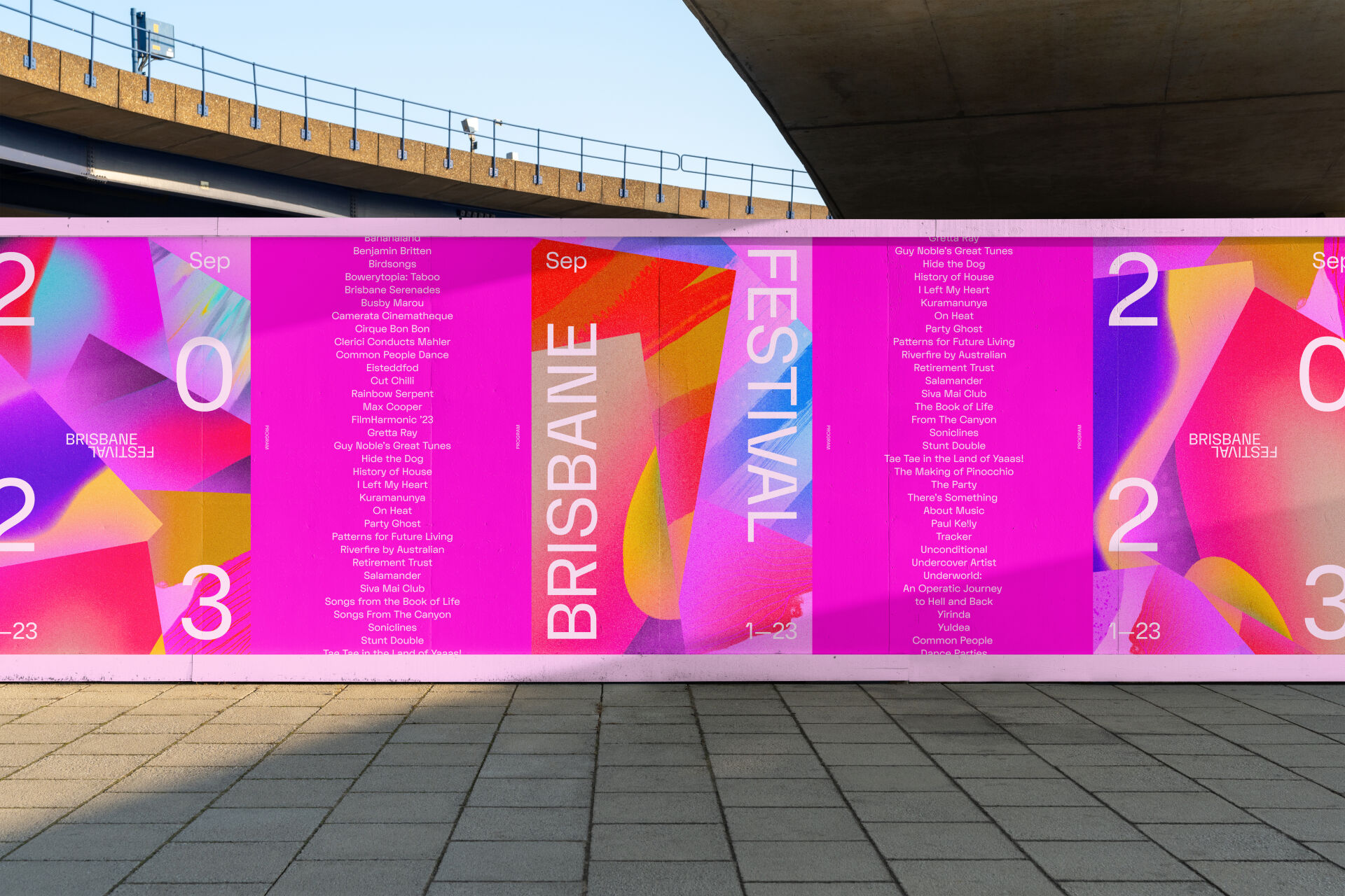 Bright, colourful posters sitting side by side, designed for the Brisbane Festival 2023 brand identity.