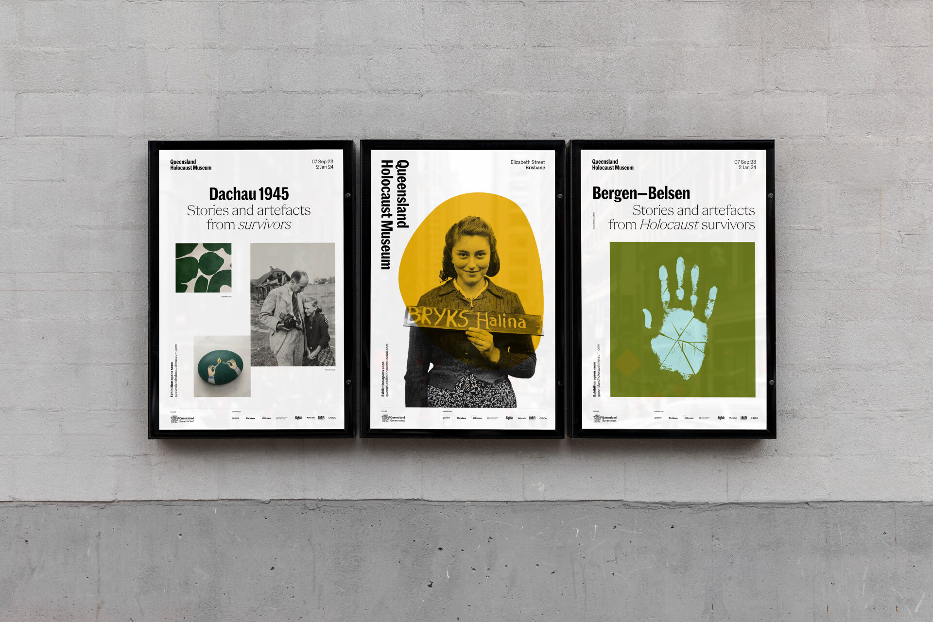 Three posters designed for the Queensland Holocaust Museum, featuring white space and interesting grid layouts.